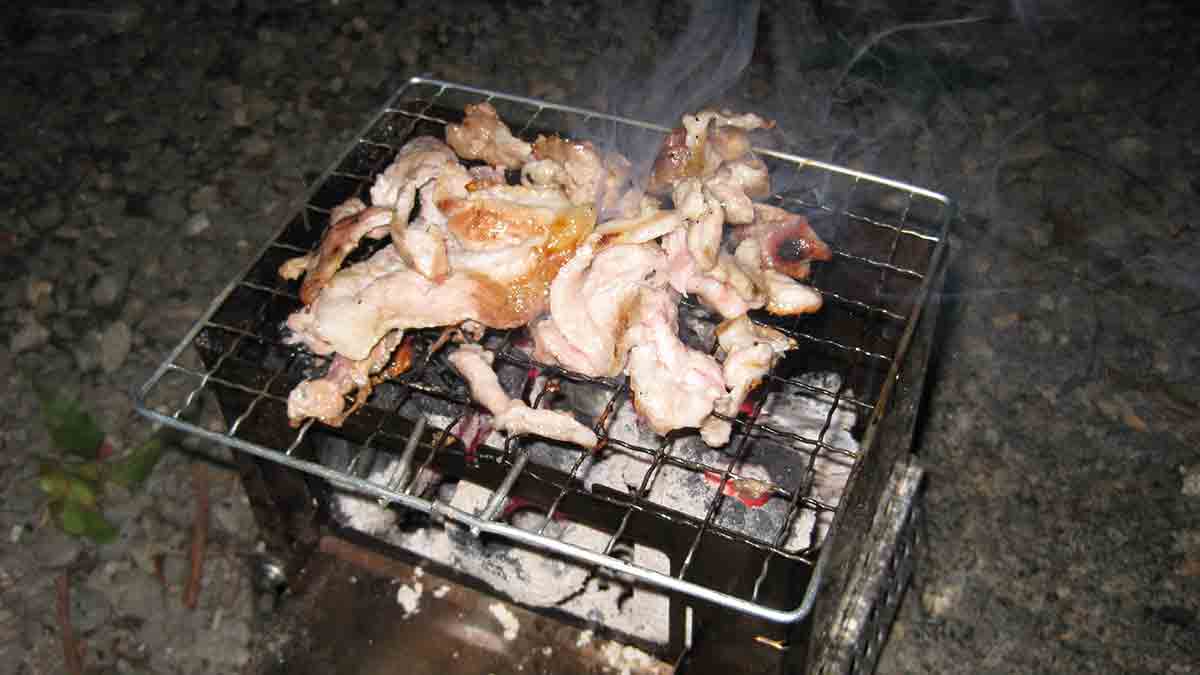 B6君という焚火台で豚肉を焼いている様子