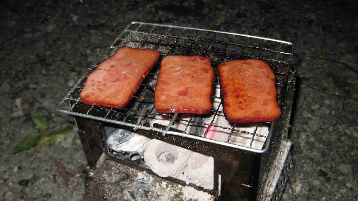 B6君という焚火台でチャーシューを焼いている様子