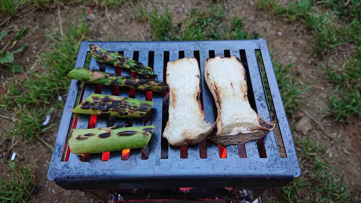森のまきばオートキャンプ場にて、B-6君という焚火台を使用して野菜やきのこを焼いている様子