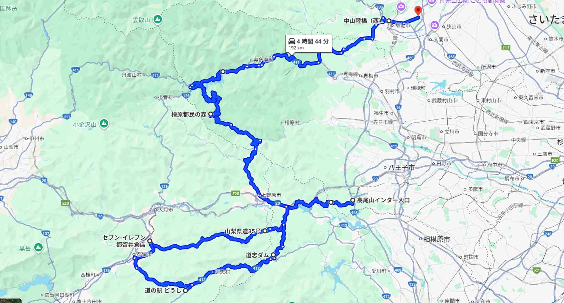 道志みちから奥多摩までのツーリングルートを示した地図